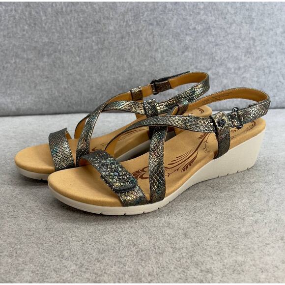 Revere Shoes - Revere Luxor Leather Slingback Wedge Heel Sandal -Peacock Snake-Women 10 *NEW